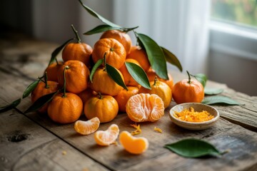 A photograph of a vibrant pile of organic clementine mandarins artfully arranged on a rustic wooden table