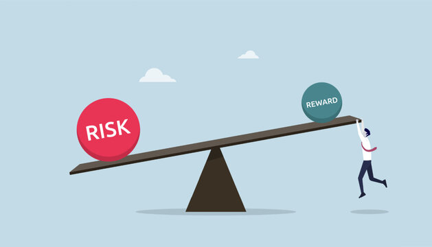 Risk and reward on the seesaw showing greater risk than reward, businessman try to make it in balance or equilibrium