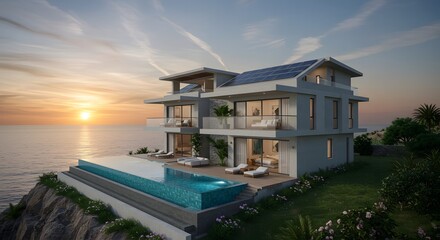 A three-story luxury villa with cantilevered design, infinity pool, and solar-panel roof &ndash; modern architectural marvel .