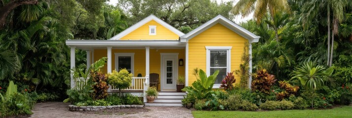 Fototapeta premium A vibrant yellow cottage tucked away in lush garden full of tropical plants flowers home??a,?a,,?s white trim adds