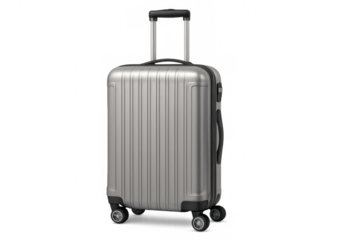 Modern silver hard-shell suitcase with retractable handle and wheels, isolated on transparent background, ready for travel
