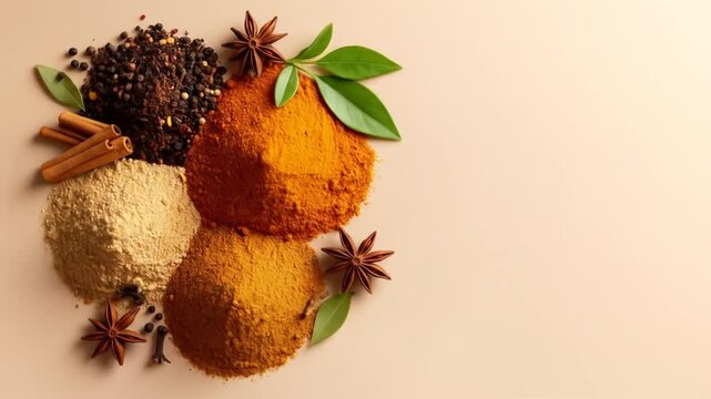 Assorted Spices Display On Beige Background