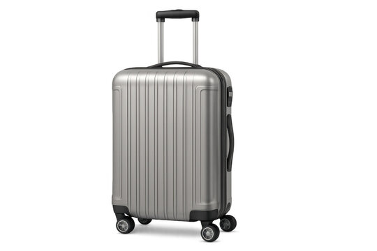 Modern silver hard-shell suitcase with retractable handle and wheels, isolated on transparent background, ready for travel