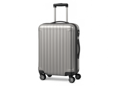 Modern silver hard-shell suitcase with retractable handle and wheels, isolated on transparent background, ready for travel - Powered by Adobe