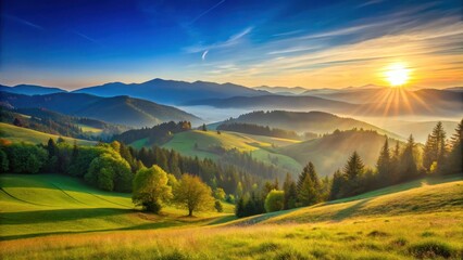 A serene mountain landscape with rolling hills and a clear blue sky at sunrise
