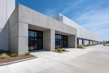An industrial building with smooth white concrete panels, matte black steel detailing, symmetrical loading zones Set on vast