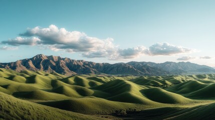 Rolling hills meet a mountain range under a vast sky.
