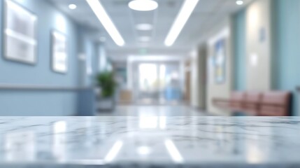 Fototapeta premium A polished marble surface reflects the soft light of a tranquil hospital hallway, hinting at calm amidst medical care