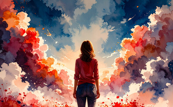 Back View of Woman Looking at Colorful Sky &ndash; Artistic Watercolor Illustration