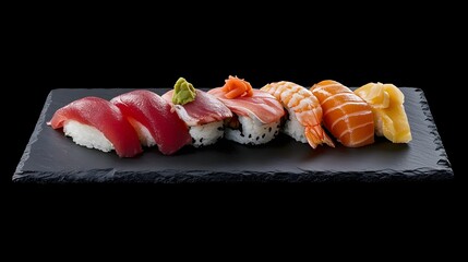 Fresh Sushi Selection on Black Slate Serving Board in Studio Light