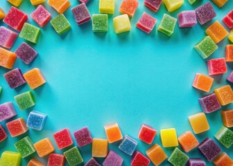 Colorful square jelly candies arrangement on a vibrant blue backdrop