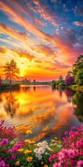 A colorful sunset over a serene lake with blooming flowers and trees surrounding it in shades of orange and pink hues at dusk