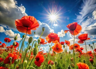 Fototapeta premium Field of vibrant red poppies swaying gently in the breeze under a clear blue summer sky with fluffy white clouds and sunshine filtering through leaves