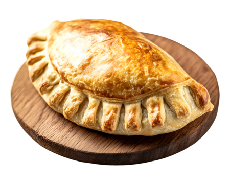 Traditional Cornish pasty with golden flaky crust served on wooden board isolated on transparent background