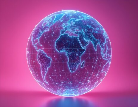 Futuristic glowing globe showing Europe, Africa, and Asia with digital network lines on a vibrant pink background. Represents global connectivity, communication, and advanced technology in a modern wo