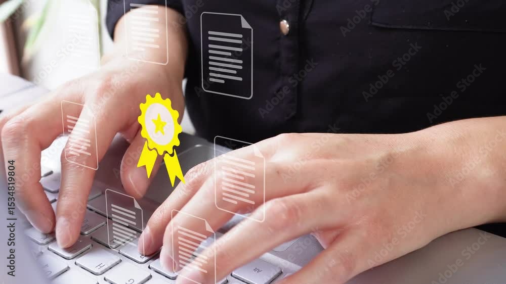 Poster close-up of hands typing on a computer keyboard with a yellow ribbon badge and document icons floati