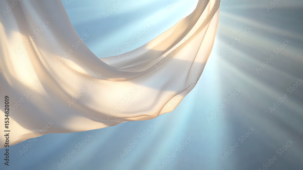 Poster a beautiful white fabric flowing gracefully in the light, creating a serene and tranquil atmosphere.