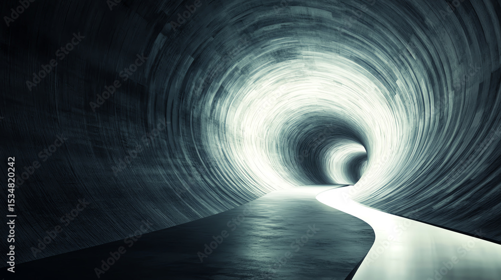 Poster a captivating view of a tunnel with swirling patterns and a bright light at the end, symbolizing jou