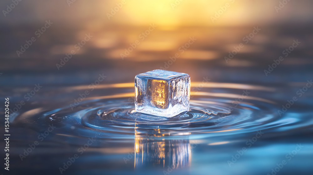 Poster A close-up of an ice cube floating in water, reflecting beautiful colors from the light above, creating a serene and calm atmosphere.