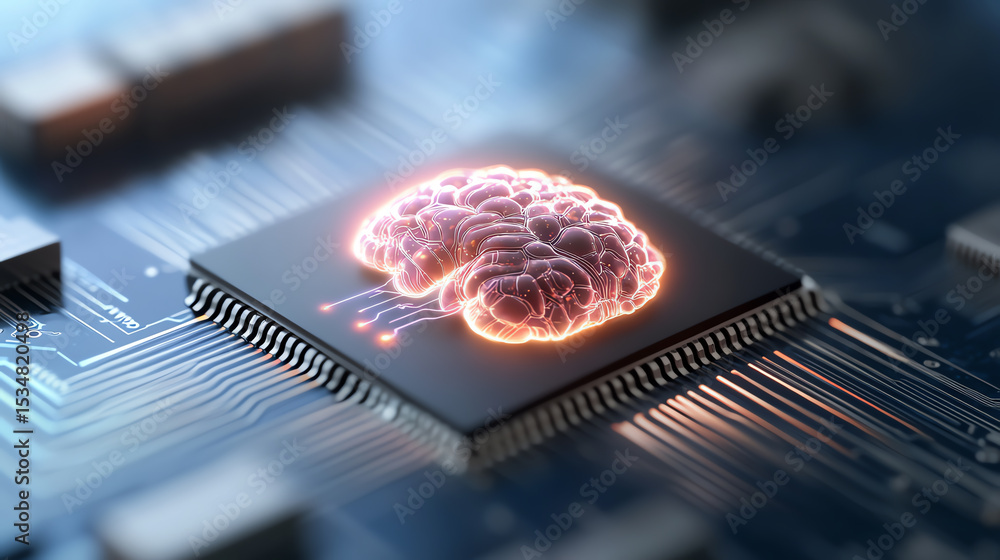 Aufkleber A close-up view of a computer chip featuring a glowing brain design, symbolizing artificial intelligence and advanced computing.
