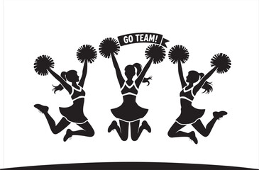 Silhouettes of a Cheer Squad Jumping with Pom-Poms and Go Team Spirit Banner