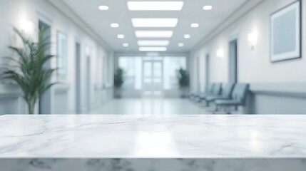 A pristine marble surface rests in a calm, softly lit hospital hallway, overlooking rows of waiting chairs