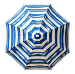 Top view of a striped blue and white beach umbrella isolated on transparent background