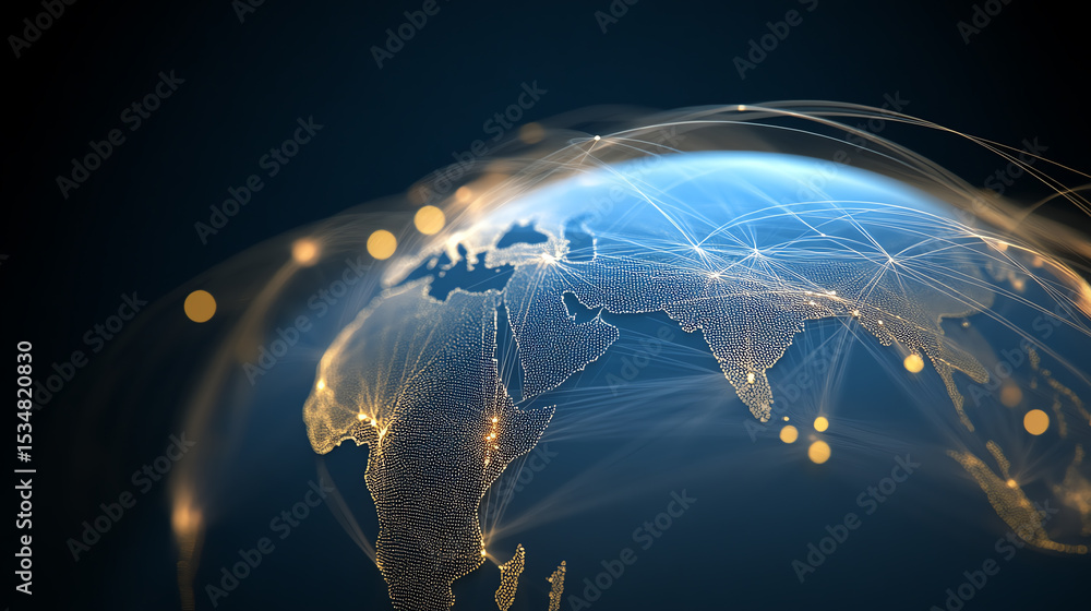 Poster A digital image showcasing interconnected global networks, symbolizing data transmission and communication technology.