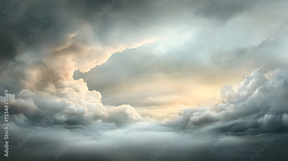 Poster A dramatic sky filled with dark clouds, illuminated by soft rays of light, evoking a sense of calm and reflection in nature.