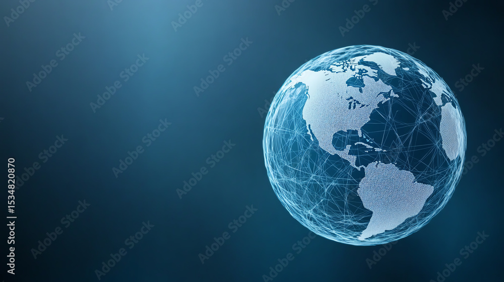 Poster A digital representation of the globe showcasing interconnected networks and data flow, symbolizing global communication.