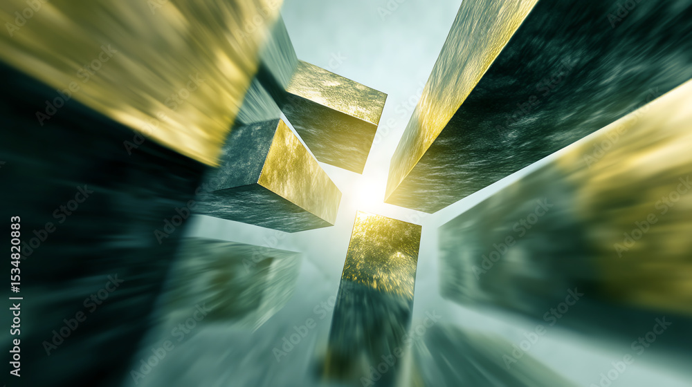 Poster A dynamic perspective of towering structures with golden light filtering through, creating a sense of depth and mystery.