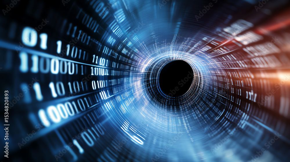 Aufkleber A dynamic representation of a digital tunnel filled with binary code, symbolizing data flow and technological advancement.
