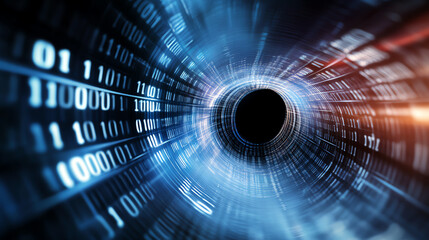 A dynamic representation of a digital tunnel filled with binary code, symbolizing data flow and technological advancement.