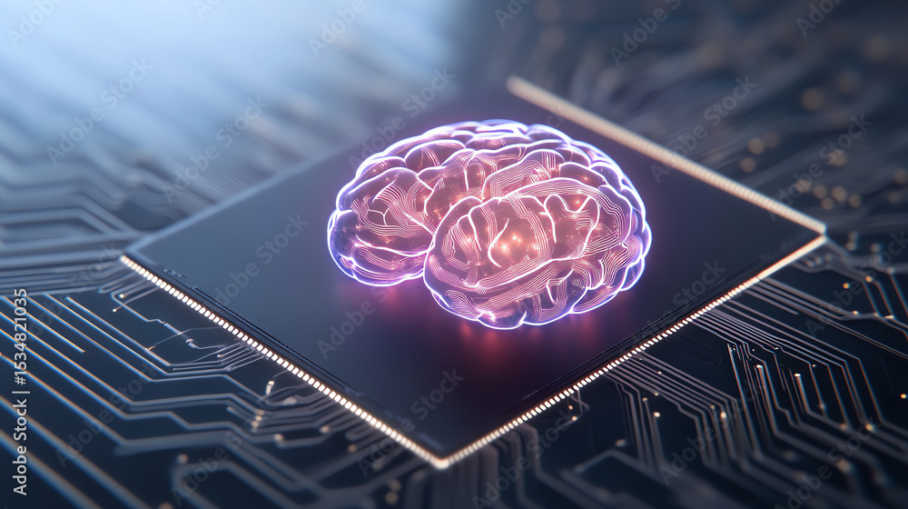 Poster A futuristic representation of a brain on a circuit board, symbolizing the convergence of artificial intelligence and human cognition.