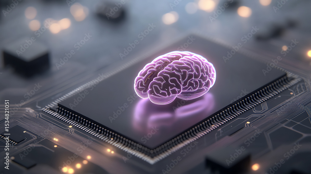 Aufkleber A futuristic representation of a brain on a microchip, symbolizing advanced artificial intelligence and technology integration.