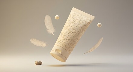 Fototapeta premium Warm ivory tube with overlapping vine and laurel leaf pattern, levitating with clean props and gradient lighting, minimal background, rule of thirds 1.