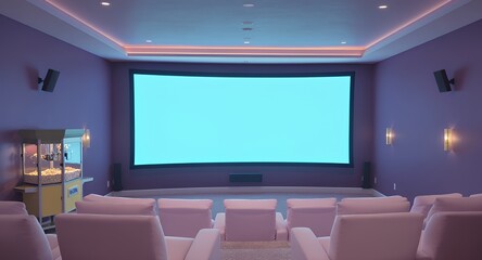 Home Theater Interior with Plush Pink Seating and Blank Blue Screen Under Soft Recessed Lighting in a Purple Room