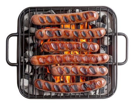 Sausages grilling on square barbecue grill isolated on transparent background