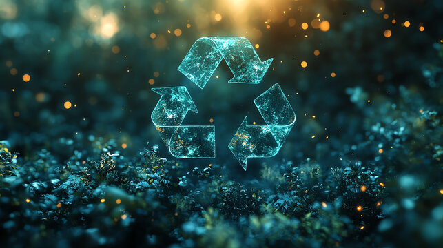 A glowing, digital recycling symbol against a natural backdrop, symbolizing sustainability and eco-friendliness in our world.