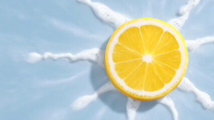 Frische gelbe Zitronenscheibe mit Spritzer in Sonnenform isoliert auf hellblauem Hintergrund, sommerliche Erfrischung