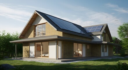 A traditional-meets-modern Japanese house with solar panels on a simple sloped roof – clean design, bamboo accents 2