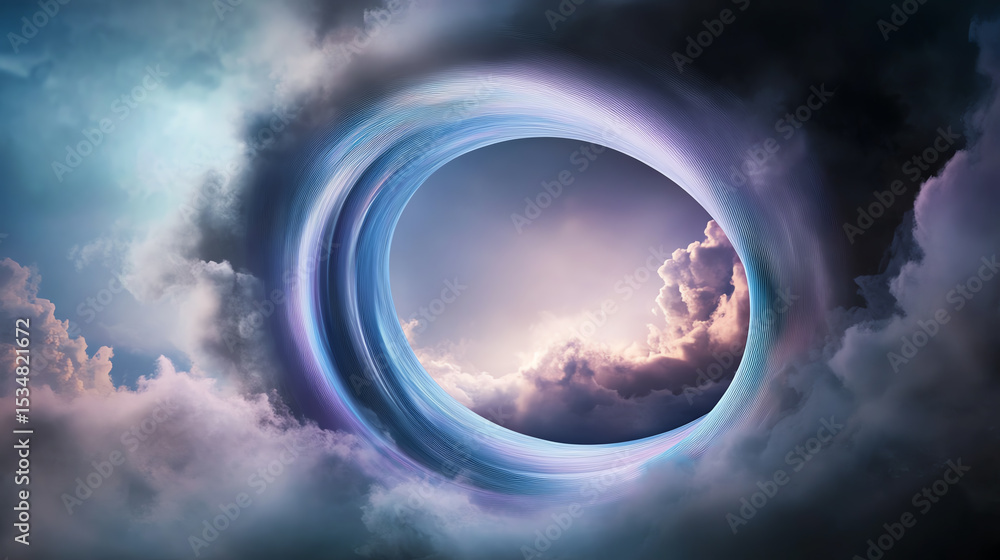 Poster a mesmerizing view of a circular portal opening in dark clouds, revealing a stunning light-filled sk
