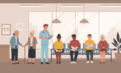 Illustration of Healthcare Workers and Patients in Clinic/Hospital Waiting Room, Ideal for healthcare related content, medical advertising, presentations, and educational materials