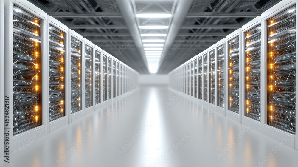Aufkleber A modern data center showcasing rows of server racks with glowing lights, emphasizing advanced technology and innovation.