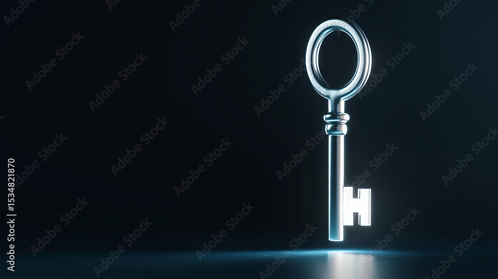 Poster a modern, metallic key stands against a dark backdrop, symbolizing access and security in technology