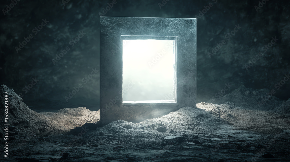 Poster a mysterious glowing portal in a dark, rocky landscape, evoking a sense of wonder and exploration in