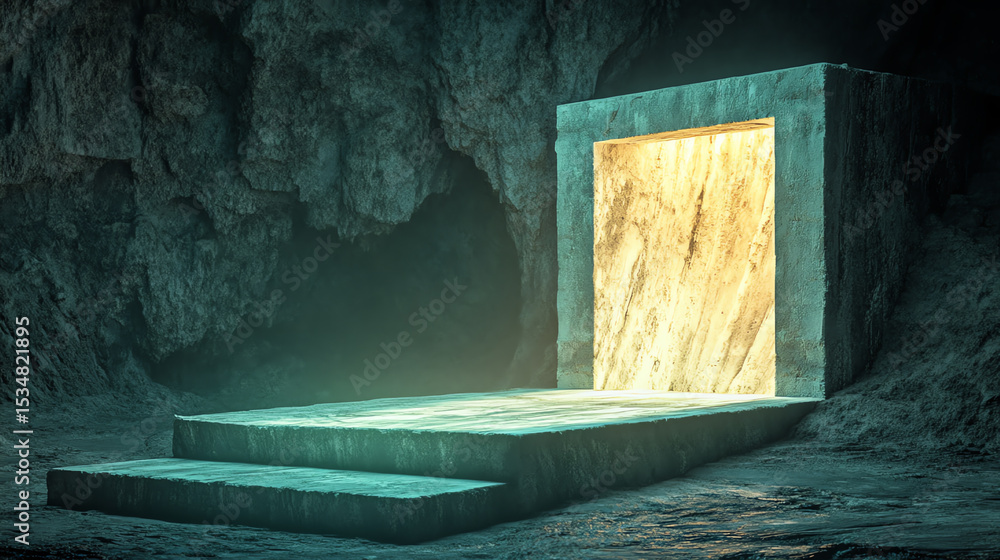 Poster a mystical gateway made of polished stone and glowing light, set in a dark cavern, inviting explorat