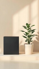 Green plant in a white pot next to a black box