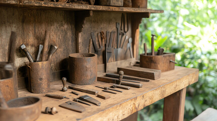 A rustic wooden workbench displays various aged tools, showcasing craftsmanship and the beauty of manual labor in a serene environment.