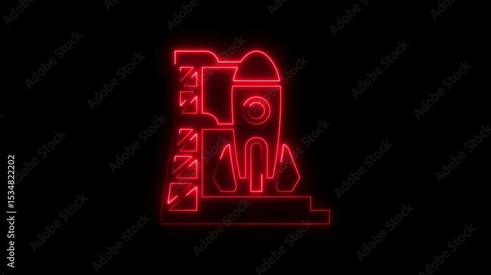 Poster neon red rocket launching from launchpad on black background animation
